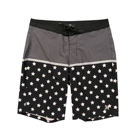 Hurley Board Shorts Mens 32 Black White Drawstring Stars And Stripes Swim Surf - Picture 1 of 11